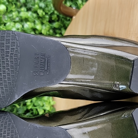 Stuart Weitzman Bowends Patent Leather RoundToe Wedge Heel Shoe Olive Green 8SS - Picture 10 of 14